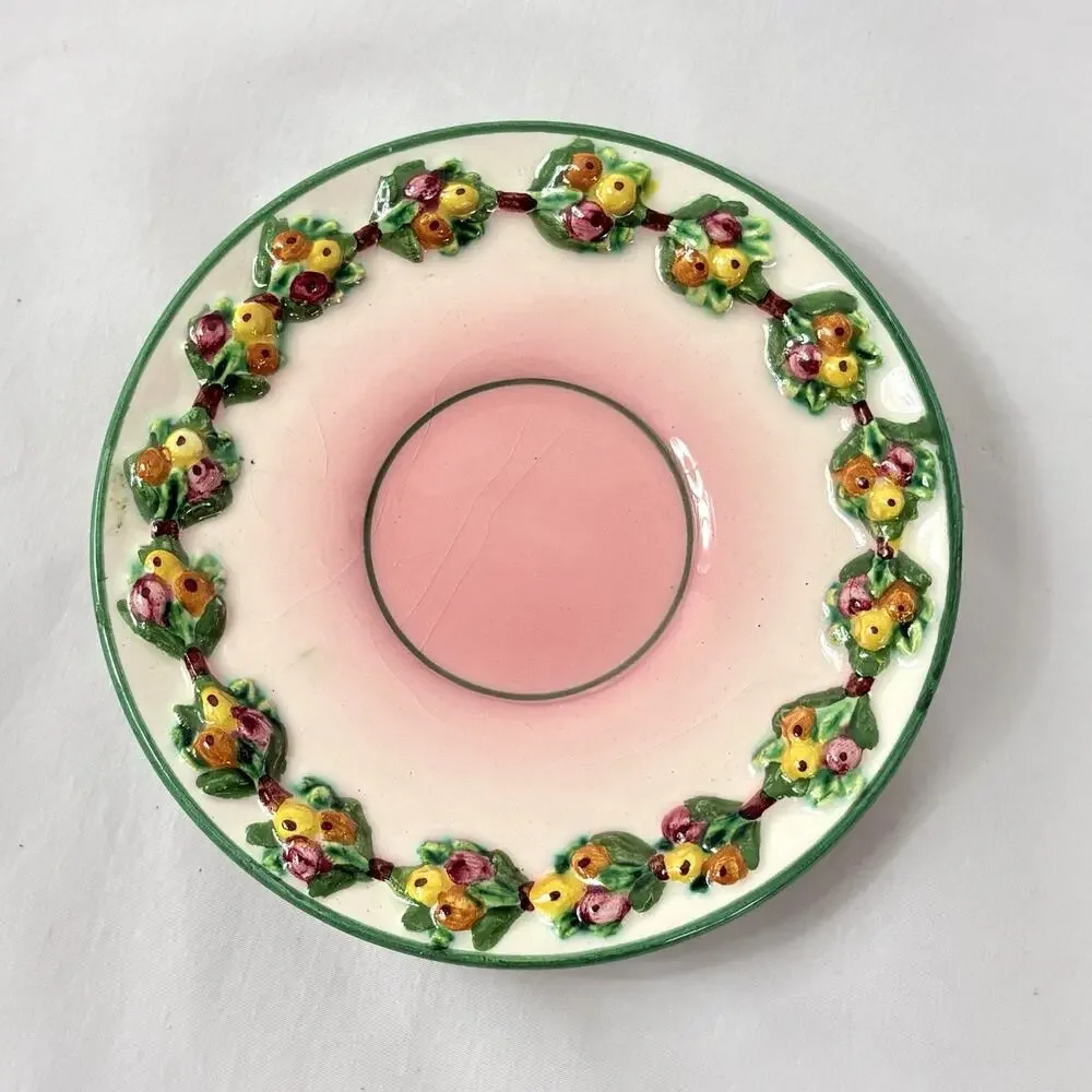 Vtg Italian Majolica Tea Cup & Saucer Pink Fruit Relief Pears Berries Italy 5233